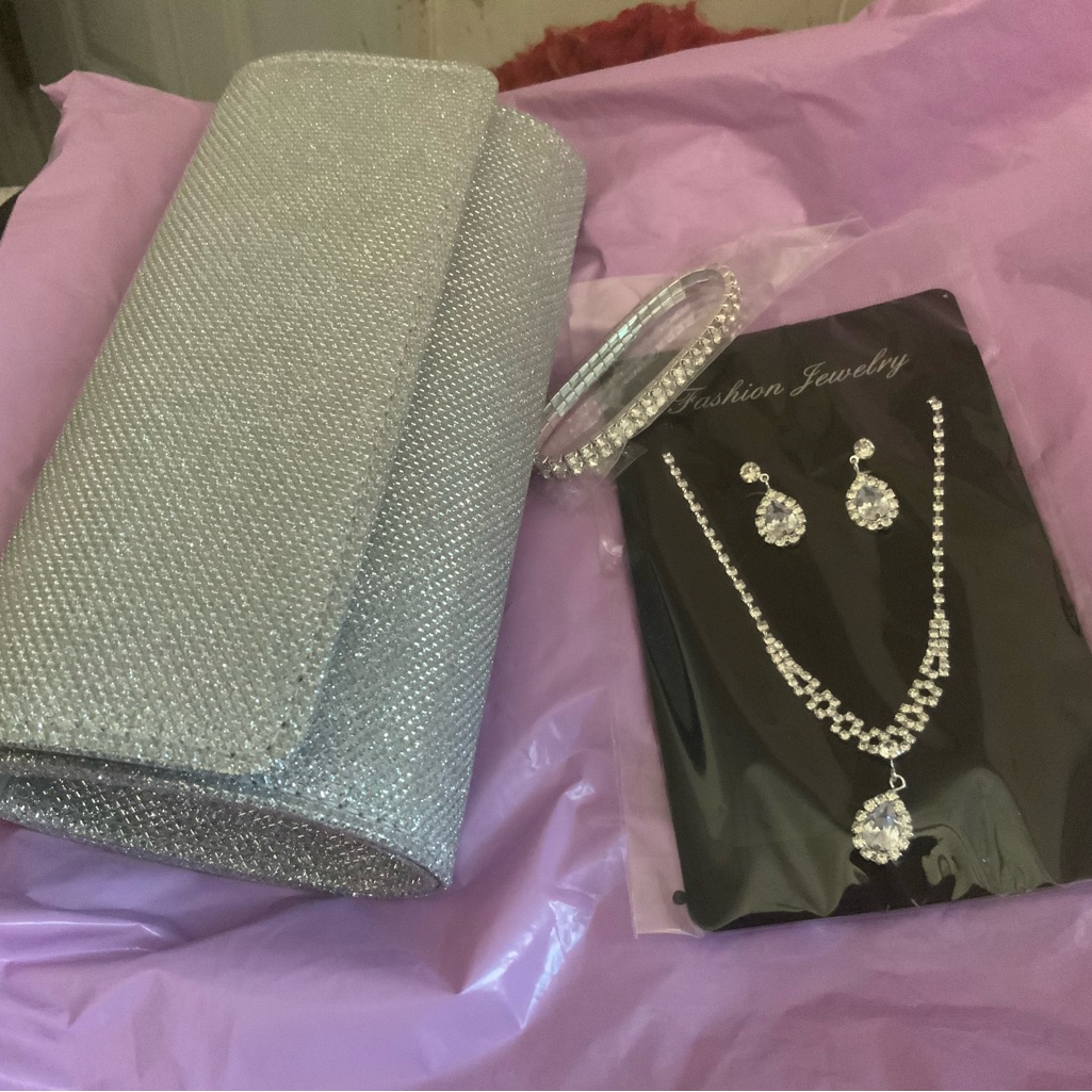 Elegant Silver Jewelry Set With Clutch